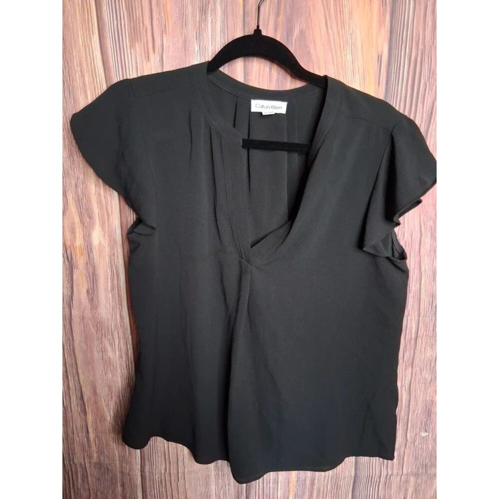 Calvin Klein Black Split Neck Flutter Sleeve Blouse Size medium